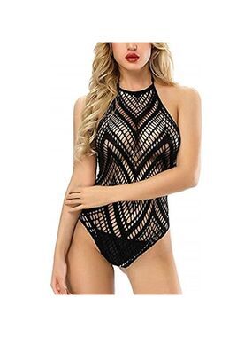 FISHNET Halter Chemise Deep V Hot Mesh Mini Dress Bodysuit Dress Babydoll NWT